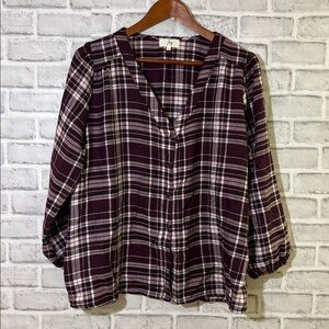 IVY Women's Button Down Plaid  Top- purple, white and black size Large
